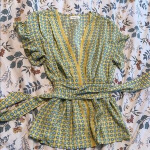 Yellow and Blue Patterned Wrap Dress